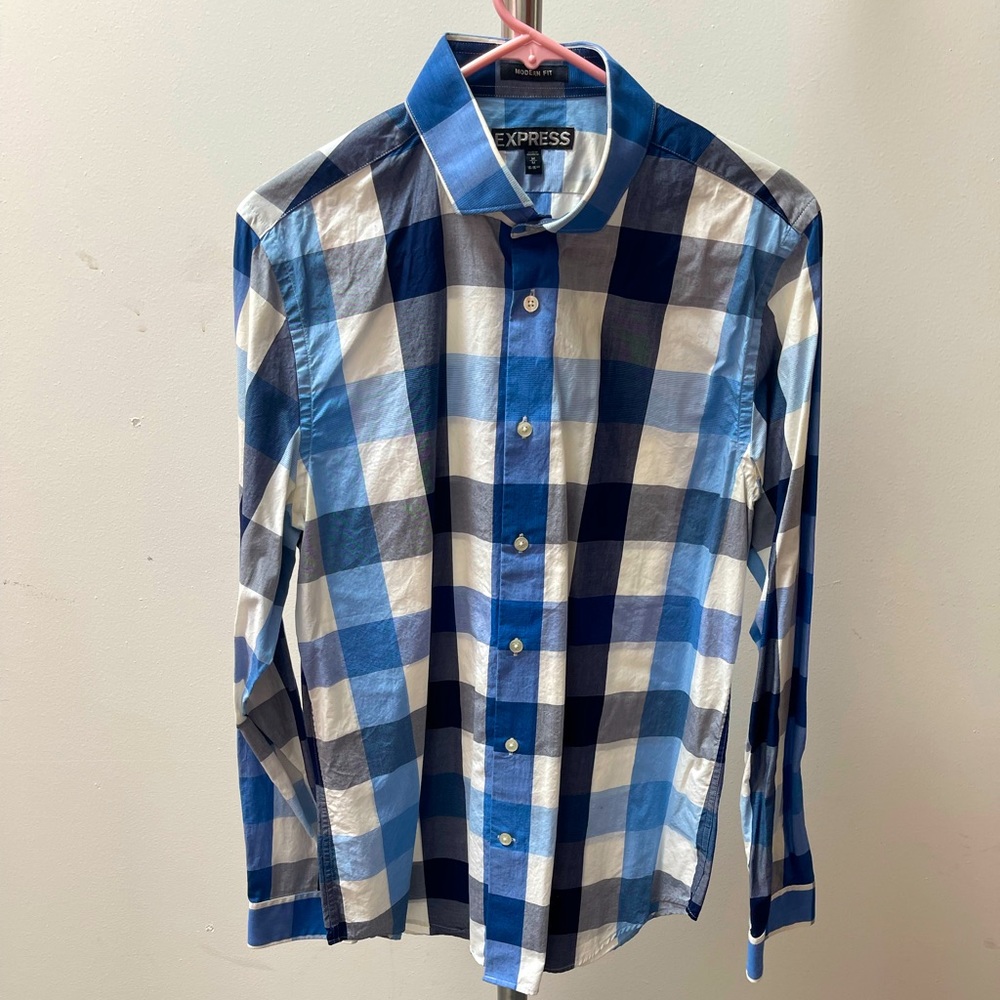 Men’s Express Modern Fit Blue Plaid Shirt size M